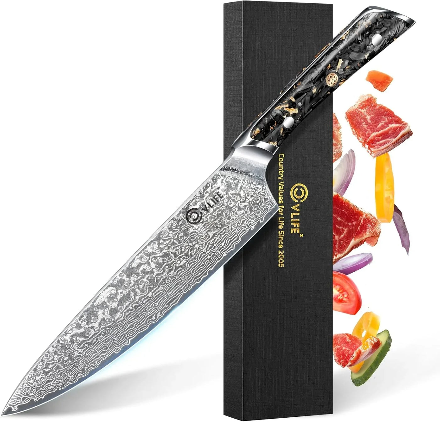 Chef Knife, 8 Inch Damascus Steel with Japanese High Carbon 10Cr15Mov Core, Full Tang Ergonomic Handle for Balance & Control, Razor Sharp Kitchen Utility Knife for Cooking with Sheath & Box