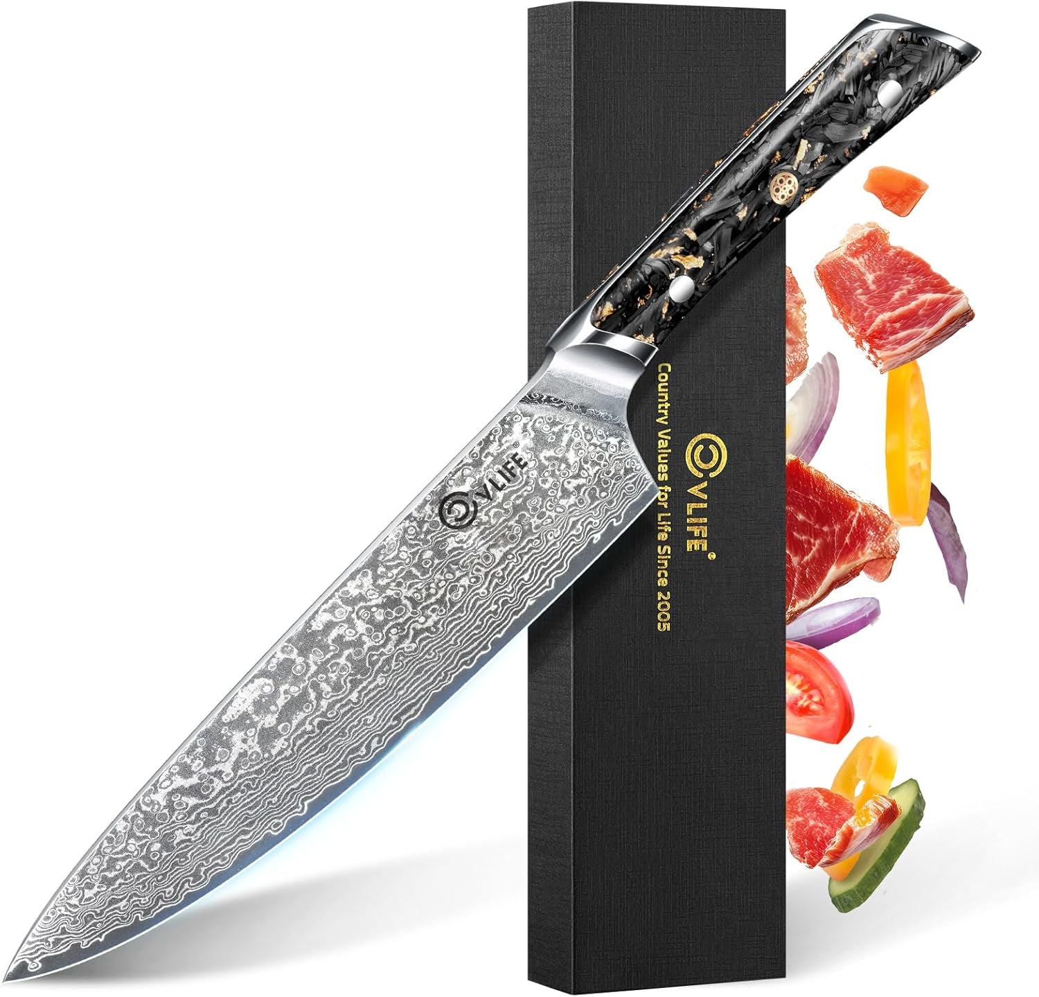 Chef Knife, 8 Inch Damascus Steel with Japanese High Carbon 10Cr15Mov Core, Full Tang Ergonomic Handle for Balance & Control, Razor Sharp Kitchen Utility Knife for Cooking with Sheath & Box