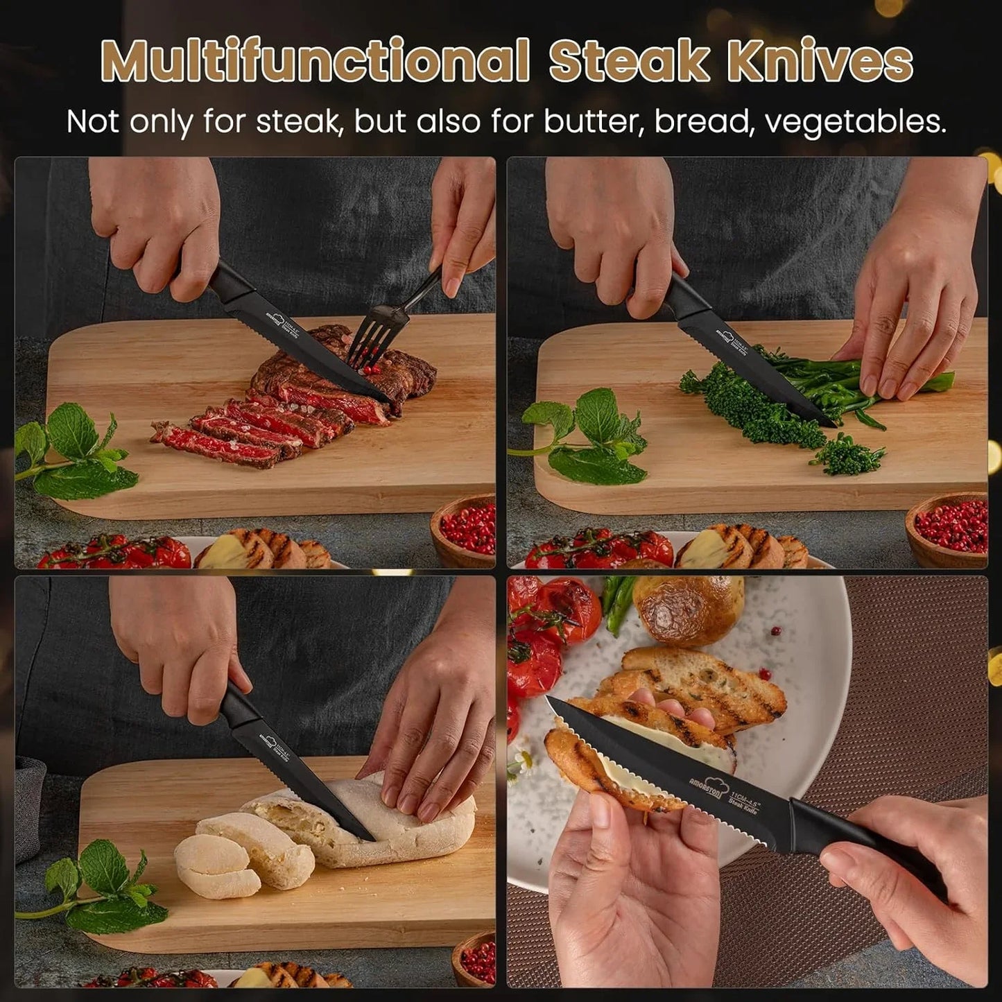 Steak Knives, Steak Knives Set of 8, Stainless Steel Steak Knife Set, Serrated Knives Dishwasher Safe, Elegant Black