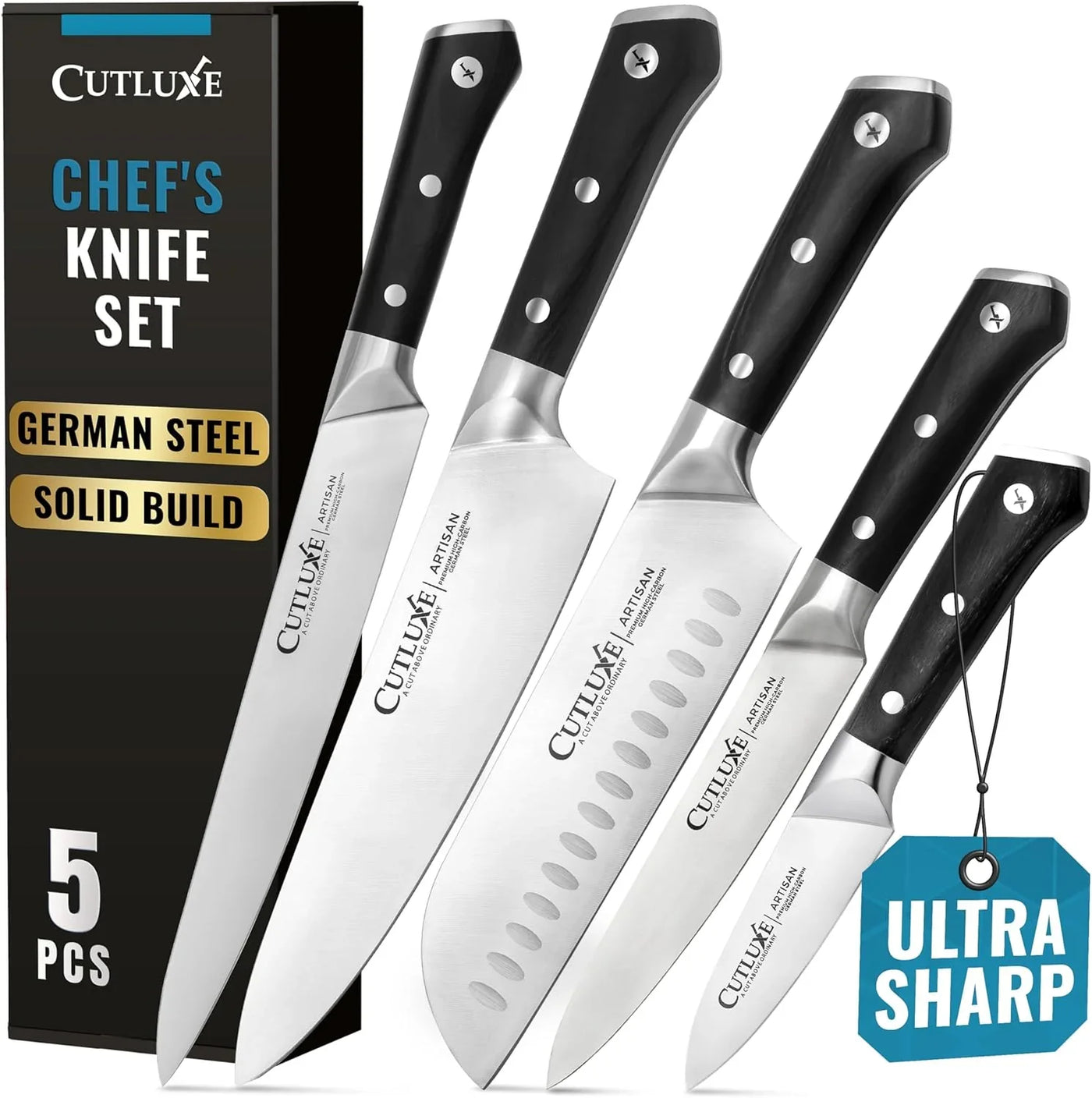 Kitchen Knives, 5 Pcs Chef'S Knife Set – Razor Sharp German Steel, Full Tang, Ergonomic Handles – Artisan Series