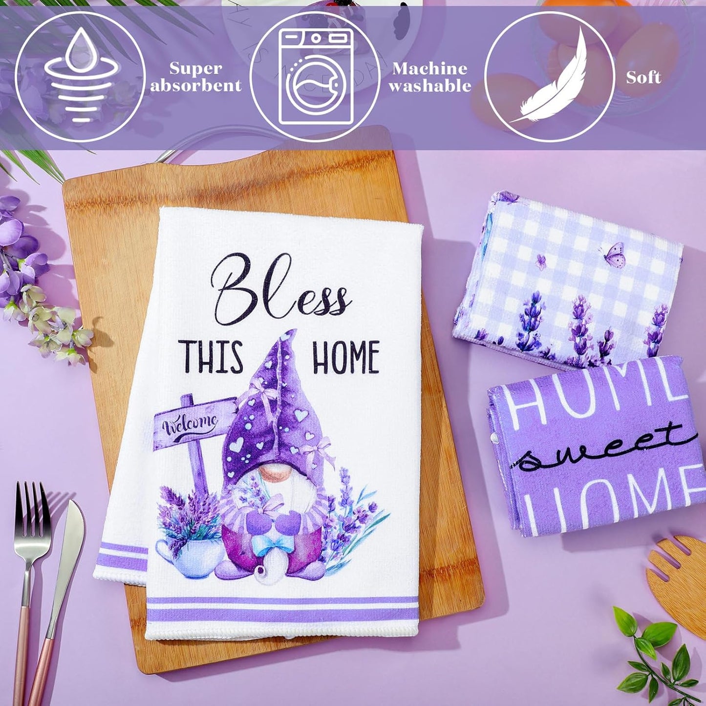 6 Pcs Lavender Summer Kitchen Towel Set Funny Housewife Farmhouse Rustic Bath Hand Towel for Holiday Bathroom Gift, 24 X 16 Inches(Purple,Lavender)