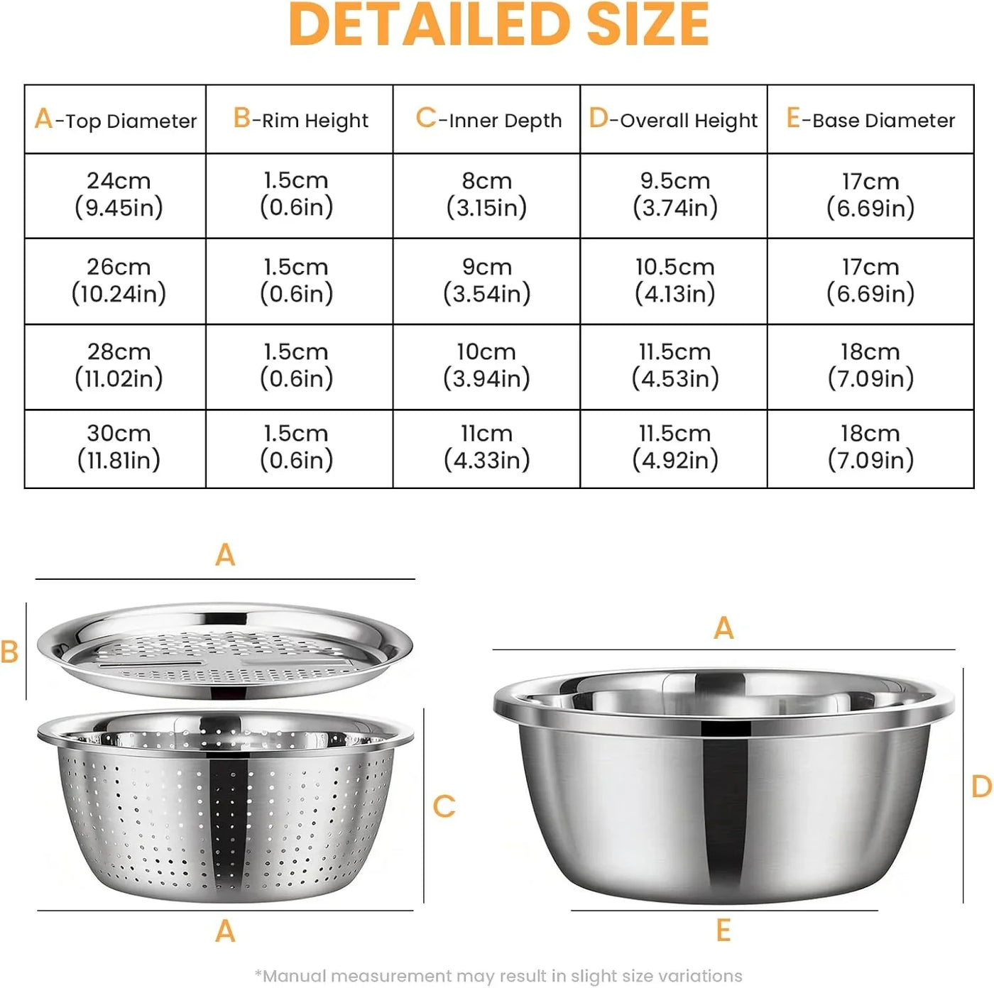 Mixing Bowls Stainless Steel Set, Germany Multifunctional Shredding Chopping Basin with Kitcgrater, Colander, Food Strainers (9.4In(24Cm))