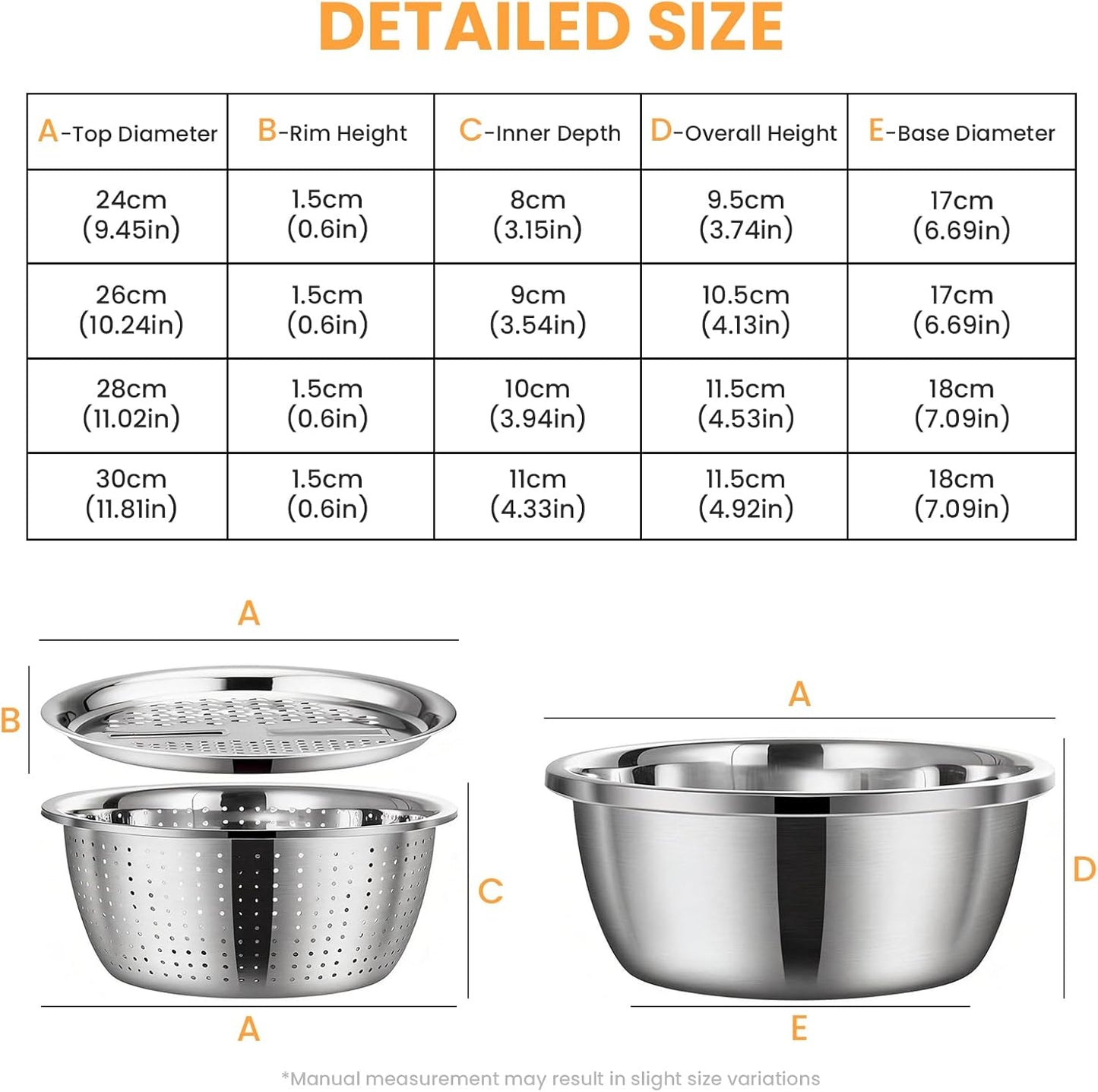 Mixing Bowls Stainless Steel Set, Germany Multifunctional Shredding Chopping Basin with Kitcgrater, Colander, Food Strainers (9.4In(24Cm))