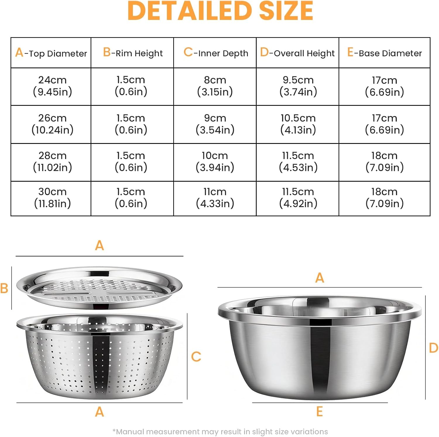 Mixing Bowls Stainless Steel Set, Germany Multifunctional Shredding Chopping Basin with Kitcgrater, Colander, Food Strainers (9.4In(24Cm))