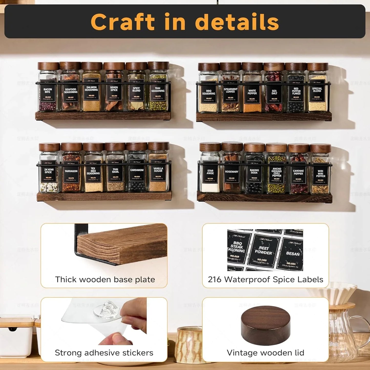 4-Tier Wall Mount Spice Rack Organizer with 24 Glass Jars, 216 Labels & Funnel - Screw/Adhesive Mount, Black Metal & Wood Spice Storage for Kitchen Pantry Cabinet, 11.6”L X 2.4”W X 3.2”H