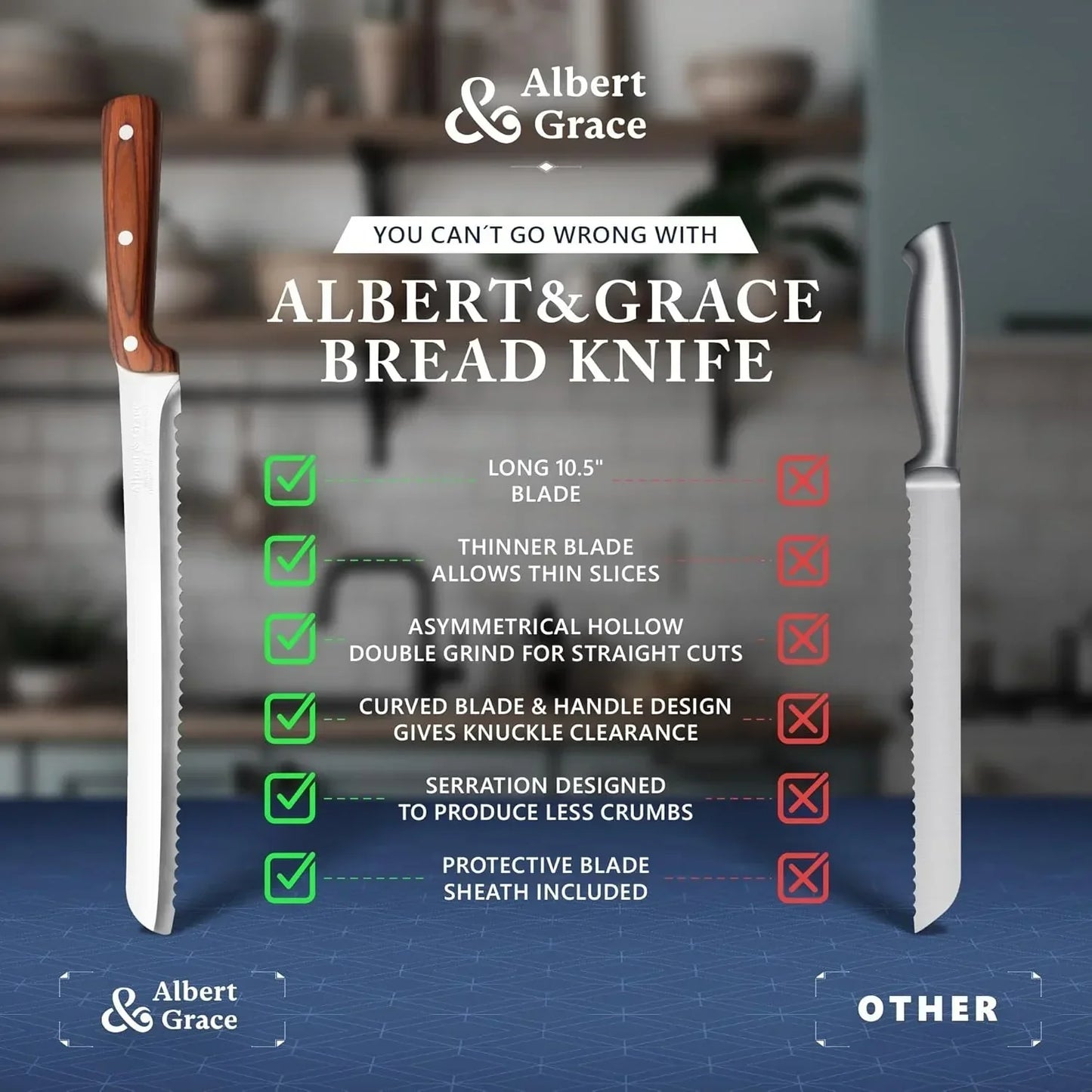 Albert & Grace bread knife with 10.5-inch serrated blade, ergonomic handle, and protective sheath for clean slicing.