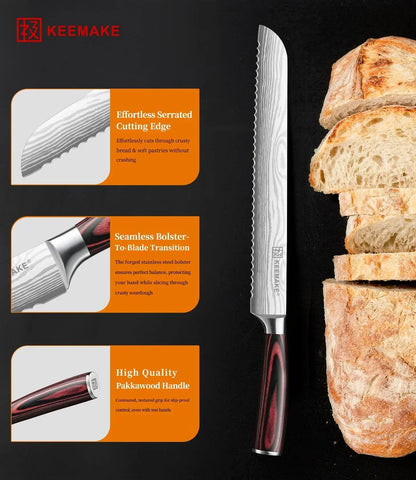 Serrated bread knife with Pakkawood handle slicing crusty loaf, ideal for kitchen tools and bakeware
