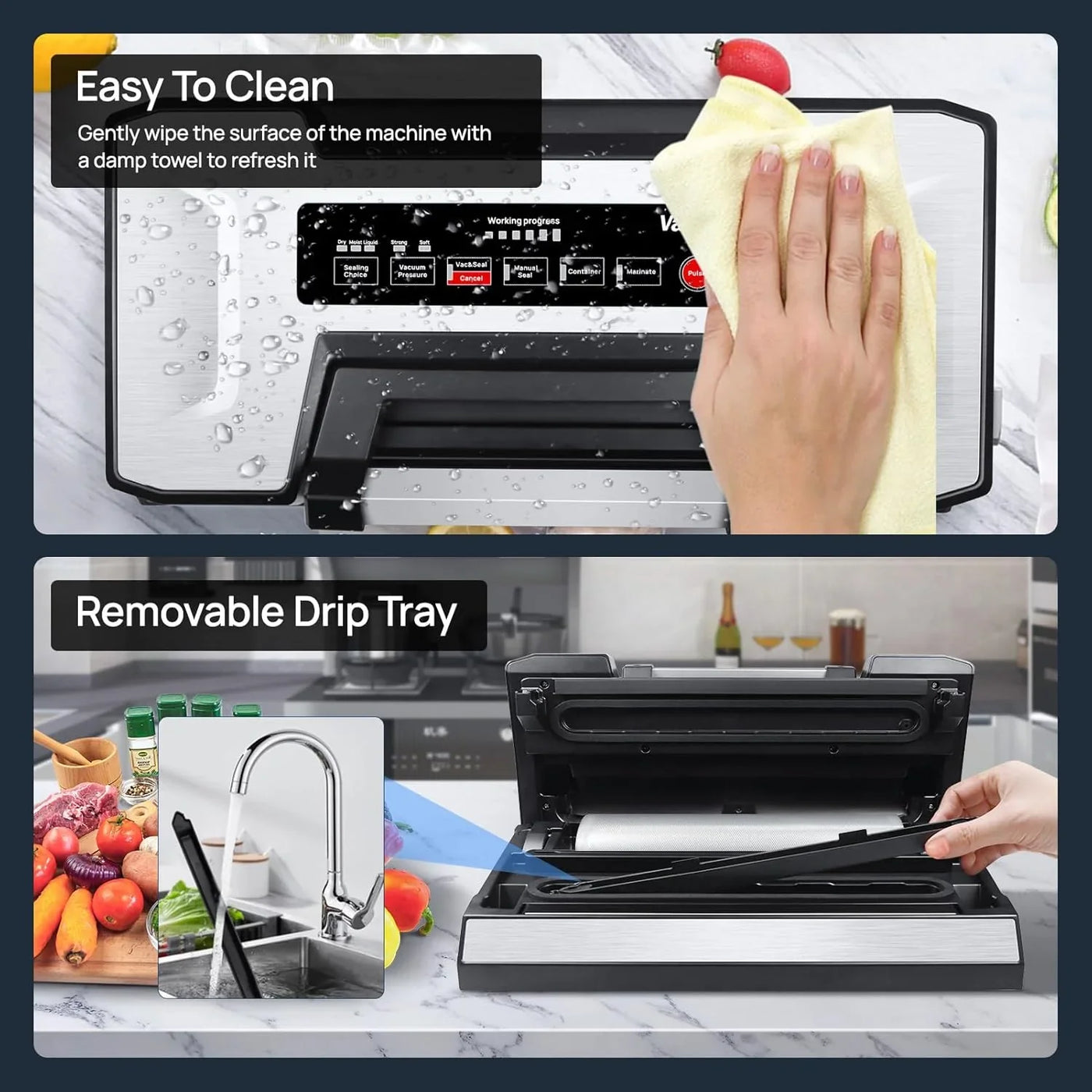 Vacuum Sealer Machine, 90Kpa Liquid Food Vacuum Sealer Machine Preservation Dry/Moist/Liquid Modes, LED Indicator Light, Handle Locked Design, Built-In Cutter and Bag Storage, Starter Kit