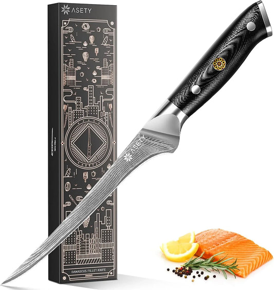 Damascus Fillet Knife 7 Inch - Ultra-Sharp Fillet Knife for Fish and Meat, Professional Japanese Boning Knife with VG10 Steel Core, Full Tang G10 Handle, Elegant Box