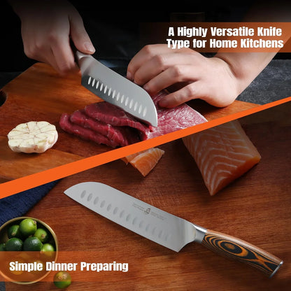 Santoku Knife, 7 Inch Japanese Chef Knife for Vegetable Chopping & Meat Dicing, High Carbon German Steel, Ergonomic Handle - Fiery Phoenix Series
