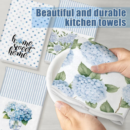 4 Pack Blue Hydrangea Kitchen Hand Towels Farmhouse Blue Hydrangea Decor, 18X26 Inch Summer Flowers Decorative Spring Floral Tea Dish Towels for Kitchen Bathroom