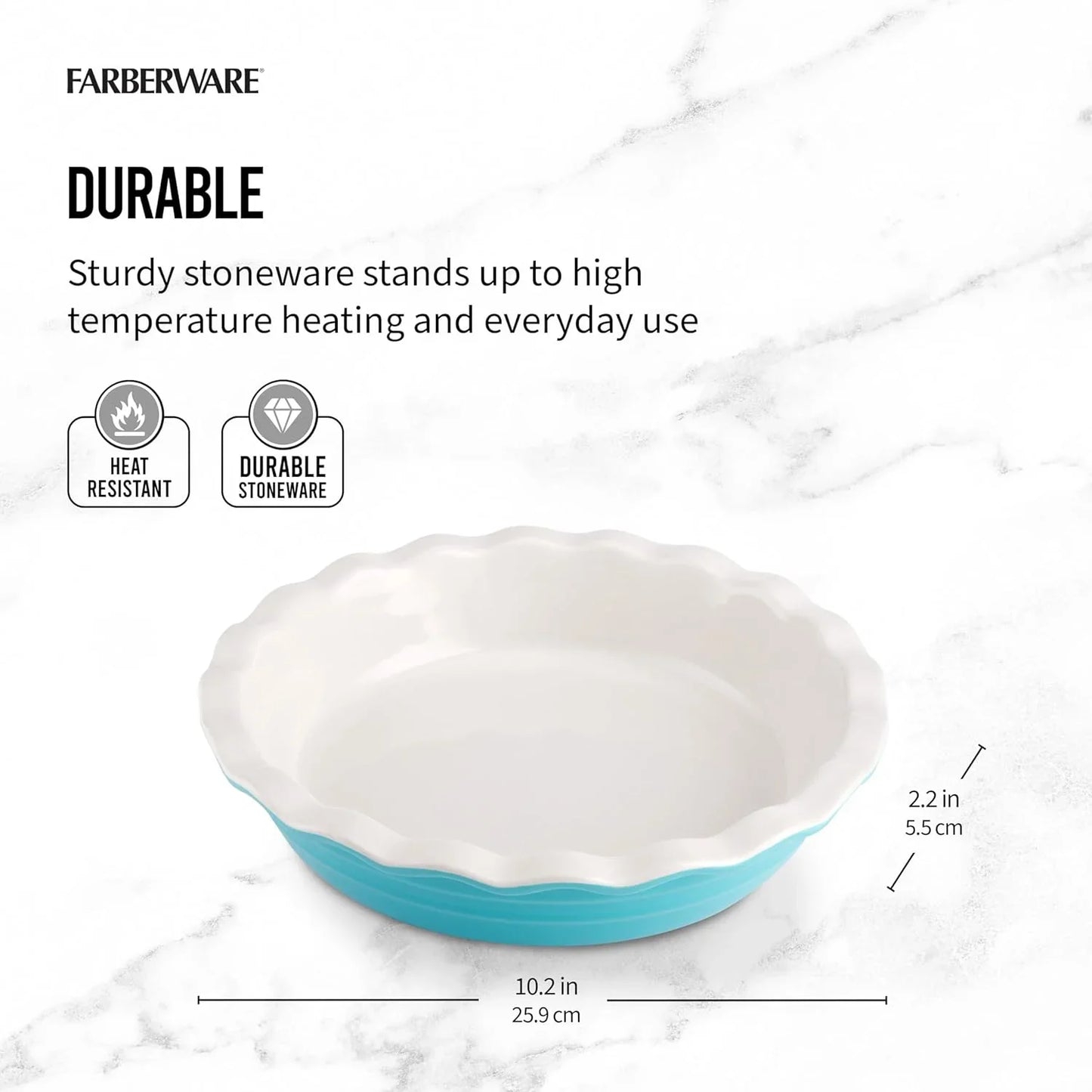 Bakers Advantage 10 Inch Pie Dish, Stoneware Pie Pan with Scalloped Edge, Two-Tone Teal and Ivory Ceramic Pie Plate for Baking Quiche, Casseroles, and Deep Dish Pies