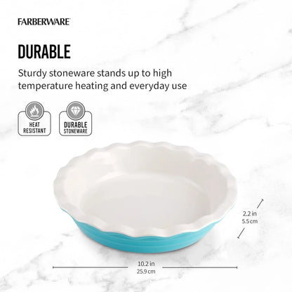 Bakers Advantage 10 Inch Pie Dish, Stoneware Pie Pan with Scalloped Edge, Two-Tone Teal and Ivory Ceramic Pie Plate for Baking Quiche, Casseroles, and Deep Dish Pies