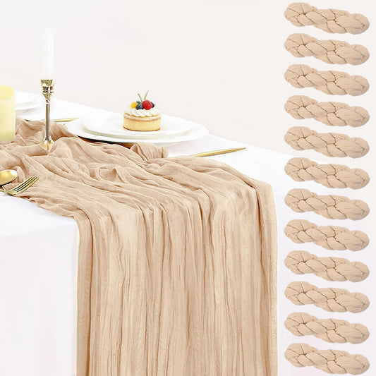 12 Pack Champagne Cheesecloth Table Runner 35X120 Inches, Easter Spring Cheese Cloth Table Runner 10FT Boho Sheer Gauze Runner for Bridal Shower Wedding Baby Shower Party Decor