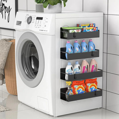 Washing machine with side storage rack holding laundry detergents and cleaning supplies