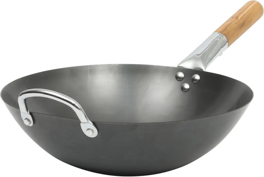Kitchen Essentials Quick Fire 13.5" Carbon Steel Flat Bottom Wok – Durable Nonstick Stir Fry Pan