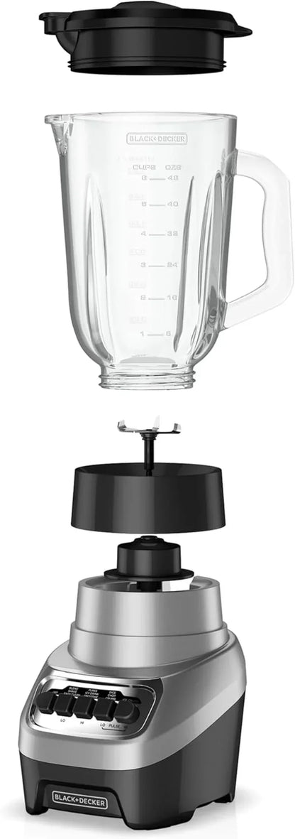 Black+Decker blender with clear pitcher, black lid, and stainless base for smoothies and kitchen blending