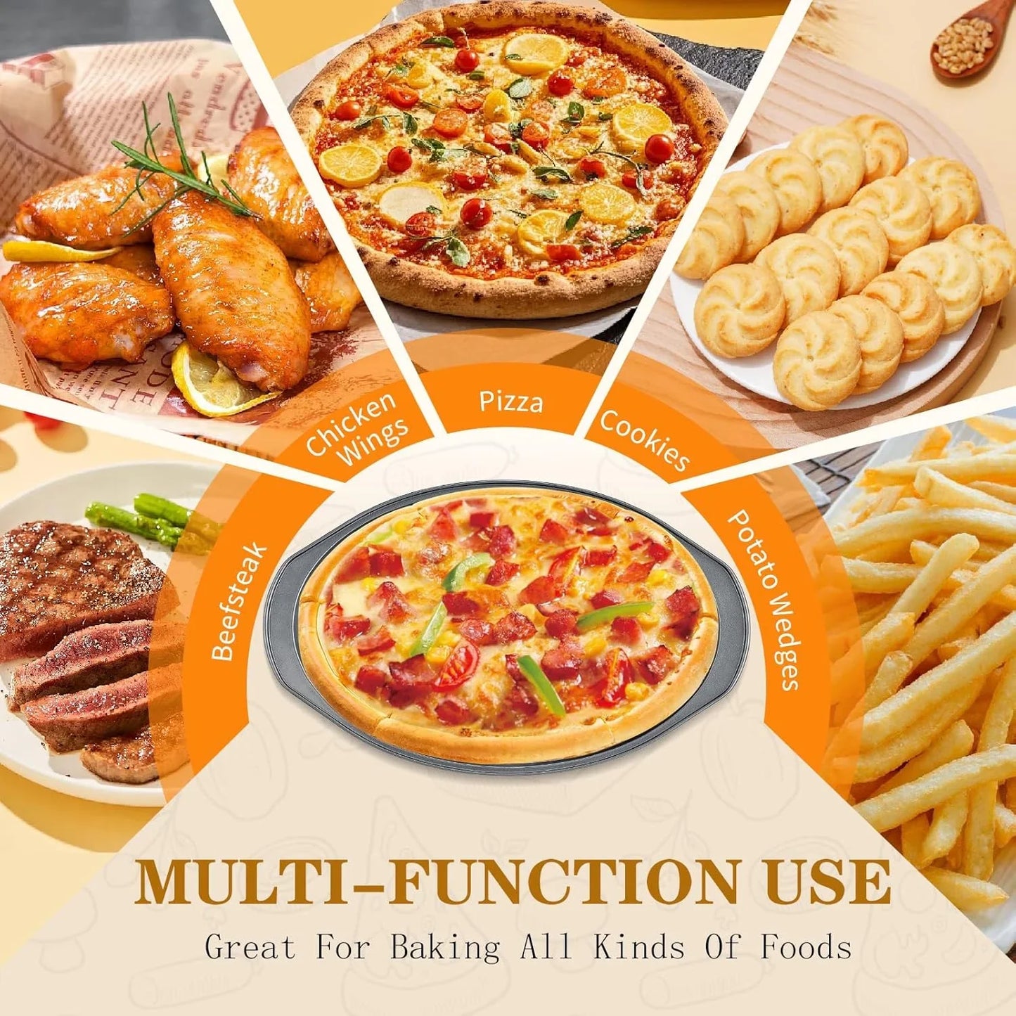 5Pcs Pizza Pan Set - 12 Inch Pizza Pan with Holes, Non-Stick, Pizza Oven Accessories with 2 Carbon Steel round Pans, Pizza Cutter and 2 Gloves, Dishwasher Safe