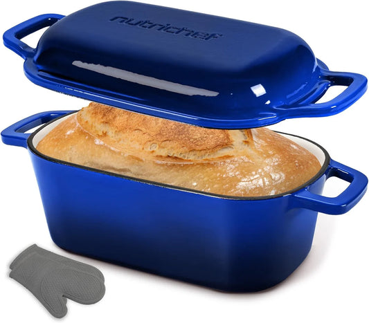 10" Enameled Cast Iron Bread Pan with Lid, Oval Loaf Dutch Oven with Silicone Gloves, Oven-Safe to 500°F, for Baking, Roasting, Stewing & More, Dishwasher Safe (Blue)