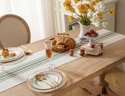 Boho Table Runner for Modern Farmhouse Decor, Dining Table Décor 13 X 72 Inch Long with Handcrafted Tassels, Green and Beige Stripe Table Runner for Home Boho Décor