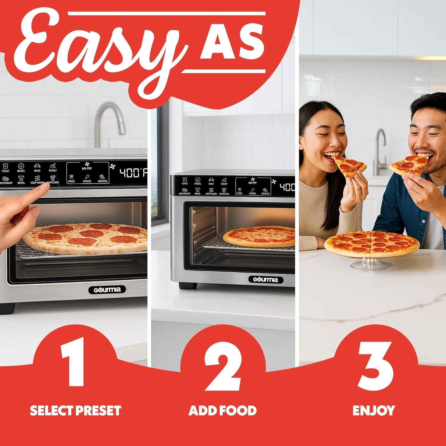 Toaster Oven Digital Air Fryer - Convection Mode with 4 Slice Capacity, 3 Rack Positions, 12 Presets, Toast, Bagel, Bake, Roast, Broil, Dehydrate, Popcorn, Fits 9" Pizza, Stainless Steel