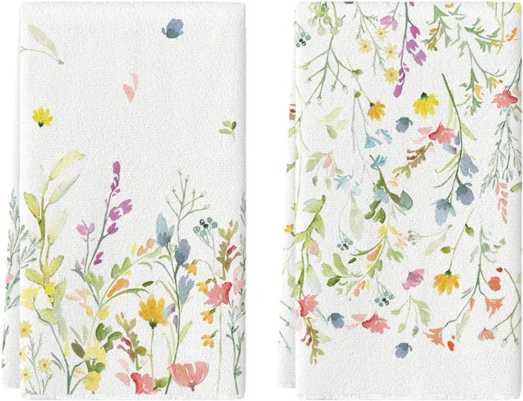 Floral kitchen towels with colorful wildflower print for everyday cooking and serving