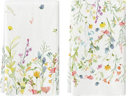 Floral kitchen towels with colorful wildflower print for everyday cooking and serving