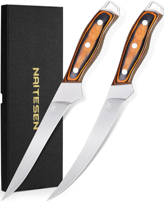 Professional Boning Knife and Fillet Knife Set 2, Super Sharp Outstanding Flexibility 10Cr18Mov High Carbon Steel Full Tang Wooden Handle for Fish Meat Poultry Cutting Home Kitchen