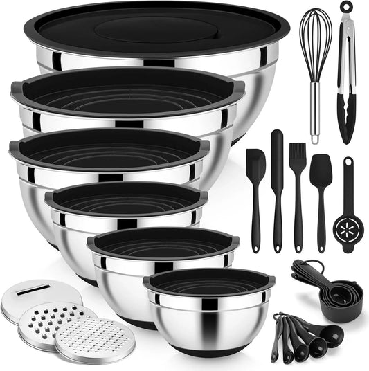 Mixing Bowls with Airtight Lid Set, 25PCS Stainless Steel Nesting Prep Bowls with Grater Attachments Non-Slip Bottoms for Cooking, Baking, Serving, Food Storage, 4.6/2.6/2/1.5/1/0.7QT - Black