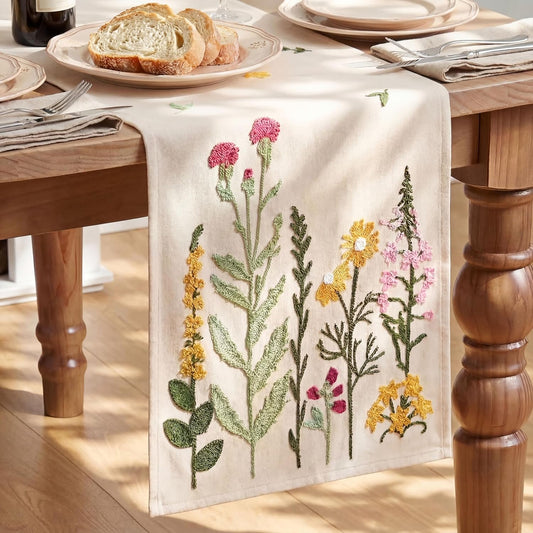 Beige Soft Chain Embroidery Wild Floral Spring Table Runner, Seasonal Summer Kitchen Dining Table Decoration for Home Party Decor 13X72 Inch