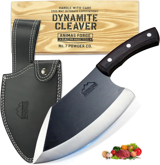 Dynamite Cleaver Meat Cleaver Knife Leather Sheath Heavy Duty High Carbon Steel Butcher Knife Full Tang Wood Handle BBQ Meat Cutting Outdoor Camp Cooking Bone Chopping Portable Butchering