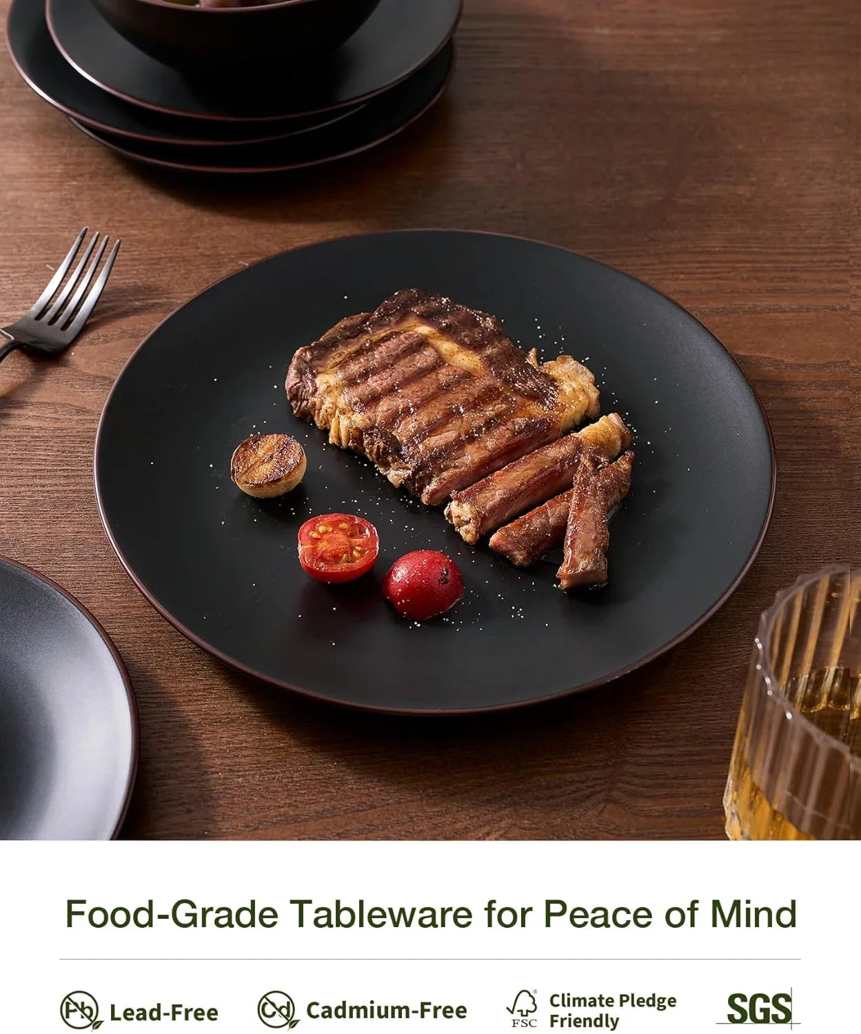 Venus Plates and Bowls Sets, 12 Pieces Stoneware Chip Resistant Dinnerware Dishes Set for 4, Matte Black - Microwave & Dishwasher Safe, Modern Minimalist, for Everyday Meals & Formal Dining