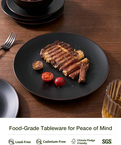 Venus Plates and Bowls Sets, 12 Pieces Stoneware Chip Resistant Dinnerware Dishes Set for 4, Matte Black - Microwave & Dishwasher Safe, Modern Minimalist, for Everyday Meals & Formal Dining