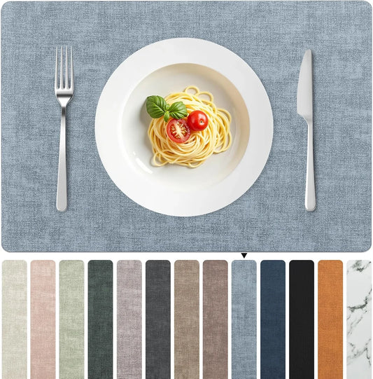 Faux Leather Placemats Set of 8–Waterproof,Heat/Oil Stain-Resistant PU Table Mat–Reversible,Non-Slip,Easy to Clean Place Mats for Kitchen,Dining,Indoor/Outdoor,(Light Blue,11.8" X 17")