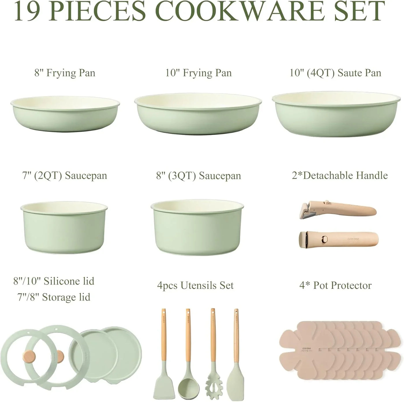 Pots and Pans Set, Nonstick Cookware Set Detachable Handle, 19Pcs Induction Kitchen Cookware Sets Non Stick with Removable Handle, RV Cookware Set, Oven Safe, Sage Green