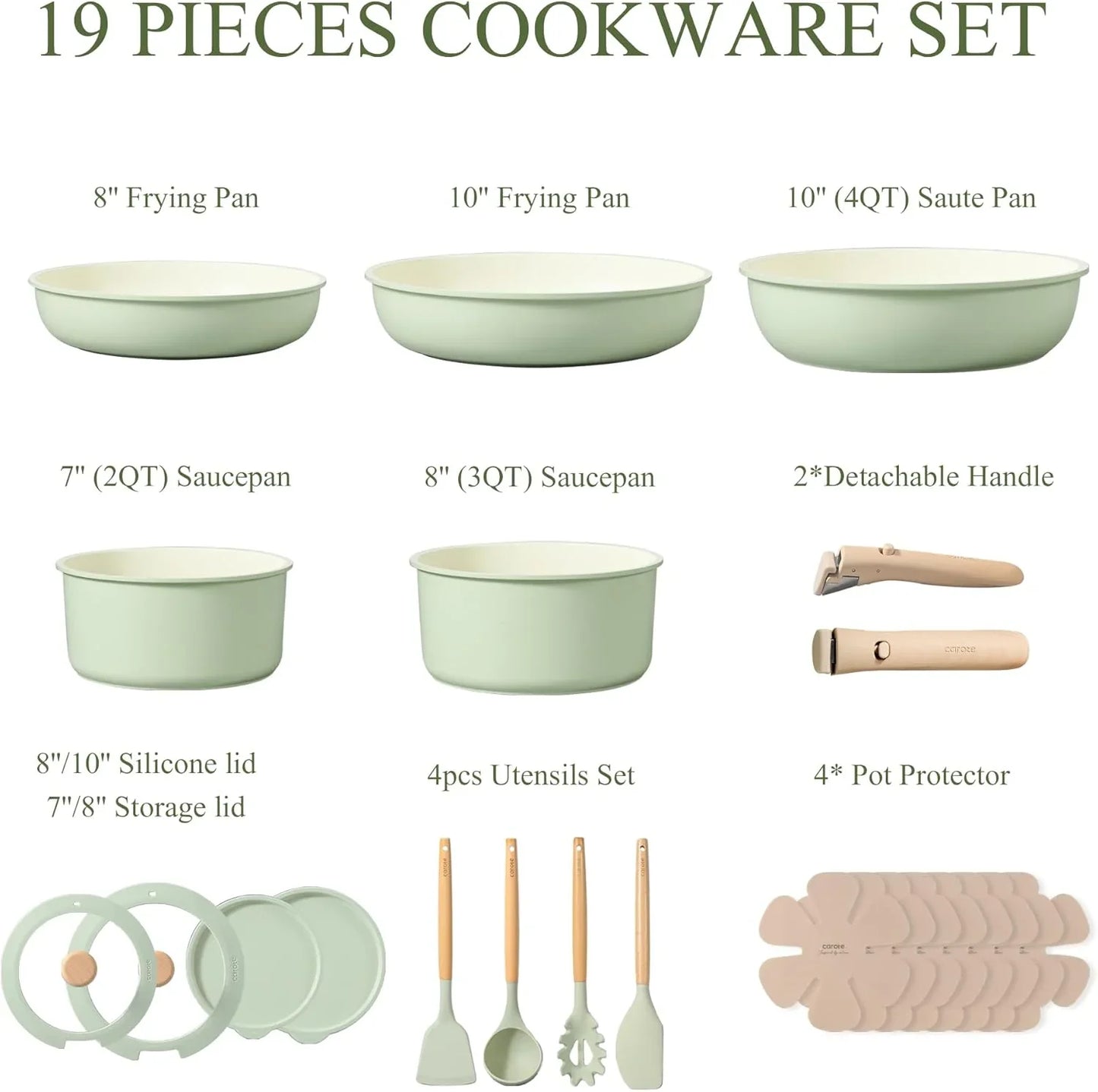 Pots and Pans Set, Nonstick Cookware Set Detachable Handle, 19Pcs Induction Kitchen Cookware Sets Non Stick with Removable Handle, RV Cookware Set, Oven Safe, Sage Green