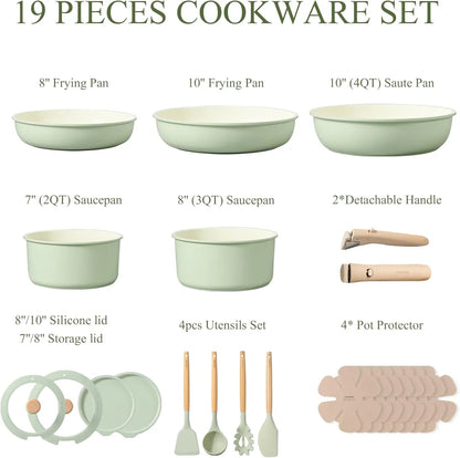 Pots and Pans Set, Nonstick Cookware Set Detachable Handle, 19Pcs Induction Kitchen Cookware Sets Non Stick with Removable Handle, RV Cookware Set, Oven Safe, Sage Green