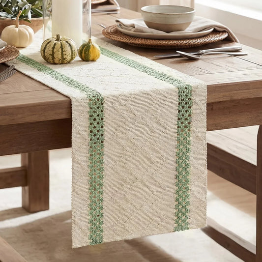 Sage Green Stripe Woven Table Runner, Seasonal Holiday Hollow Kitchen Dining Table Decoration for Home Party Decor 12X72 Inch