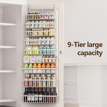 9 Tier over the Door Pantry Organizer, 2 in 1 Wall Mount or Hanging Spice Rack with Adjustable Basket, Seasoning Organizer and Storage for Kitchen Cabinet Closet Bathroom
