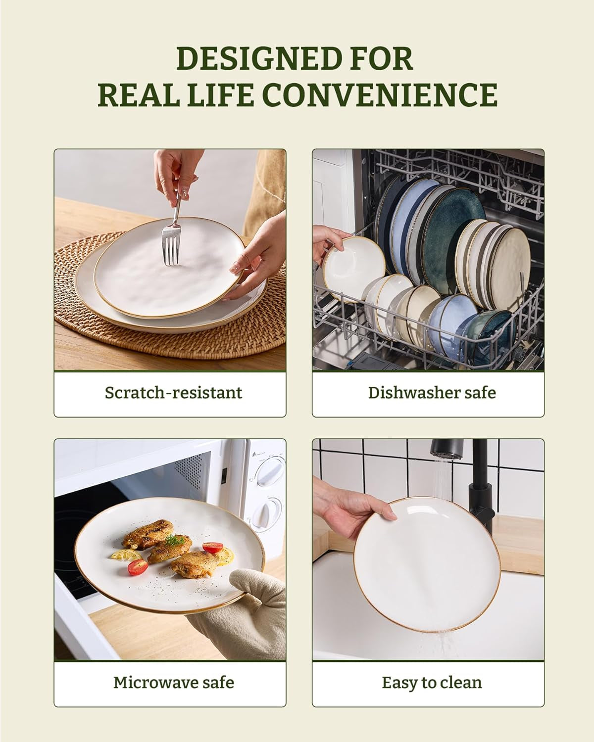 Dinnerware Sets for 4, Ocean round 12-Piece Kitchen Plates and Bowls Sets, Reactive Glaze, Microwave and Dishwasher Safe, Scratch Resistant, Cappuccino White