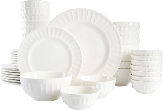Zen Buffet Porcelain Ceramic Dinnerware Sets for 8, Plates and Bowls Set (40Pcs), White Embossed Dishes
