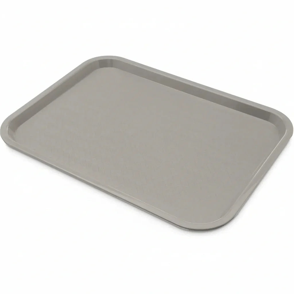 Gray plastic serving tray with textured surface for kitchen organization and meal prep