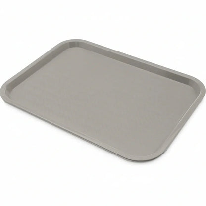 Gray plastic serving tray with textured surface for kitchen organization and meal prep
