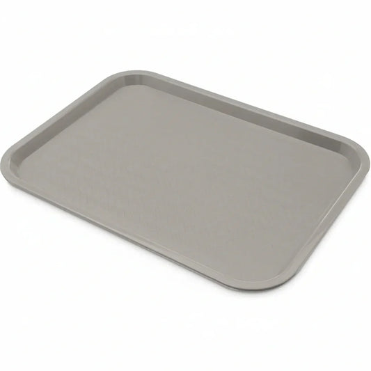 Gray plastic serving tray with textured surface for kitchen organization and meal prep