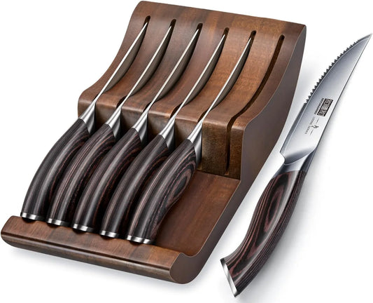 Steak Knives Set of 6 with Block, 4.5 Inch Serrated Steak Knife Set, Japanese High Carbon Steel Kitchen Steak Knives with Ergonomic Handle