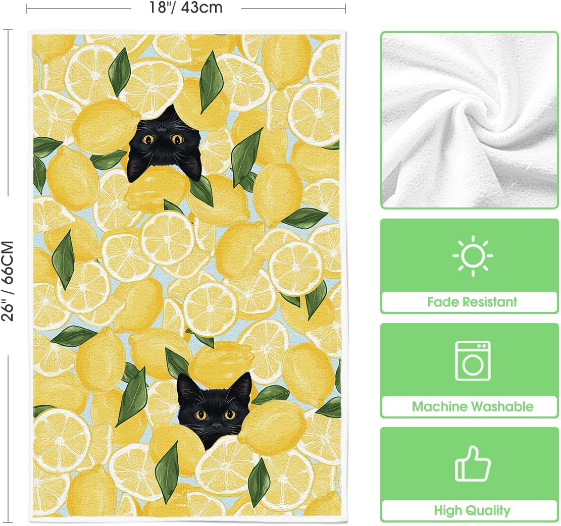 Yellow Lemon Black Cat Summer Kitchen Towels Dish Towels, 18X26 Inch Leaves Farmhouse Summer Seasonal Decoration Hand Towels Set of 2