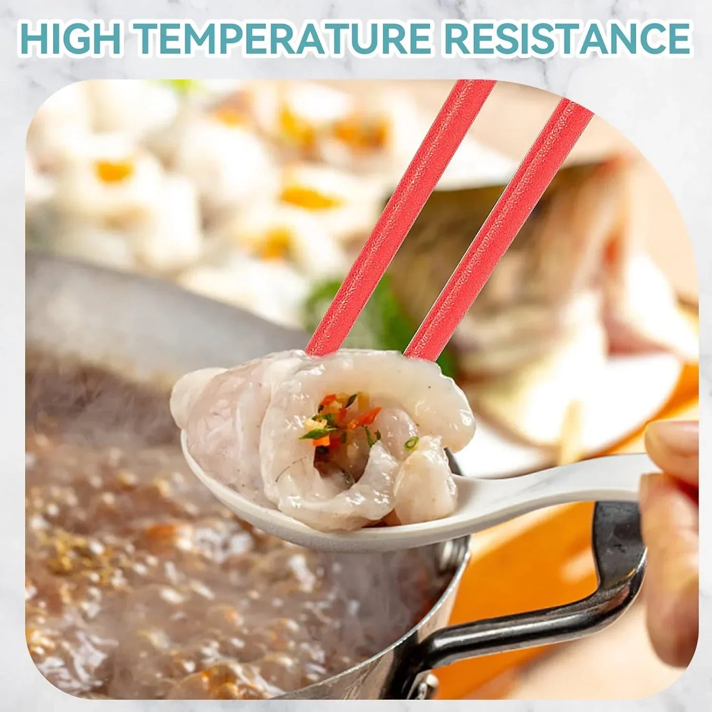 Red chopsticks lifting dumpling from steaming pot, showcasing high temperature resistance for kitchen cooking