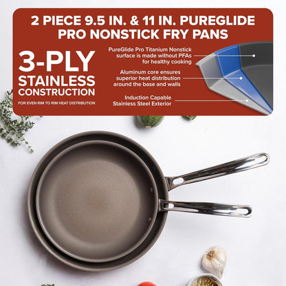 Pureglide Pro 3-Ply Nonstick Frying Pans, Made without PFAS, 2-Piece Induction Fry Pan Set, 9.5 and 11-Inch, Metal Utensil Safe Titanium Nonstick Surface, Oven Safe to 600F