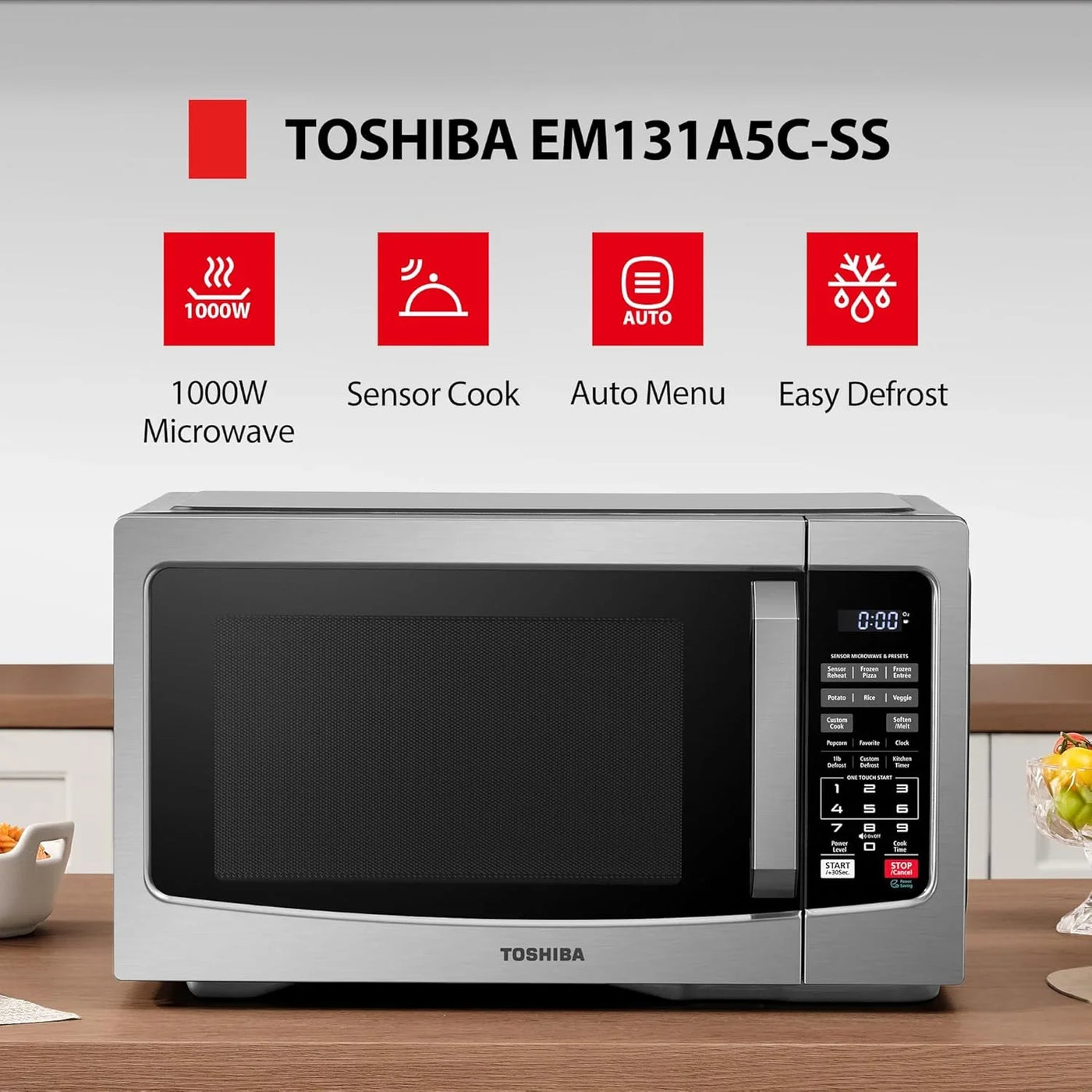 EM131A5C-SS Countertop Microwave Ovens 1.2 Cu Ft with 12.4" Removable Turntable Smart Humidity Sensor, 12 Auto Menus Mute Function ECO Mode Easy Clean Interior, 1000W, Silver