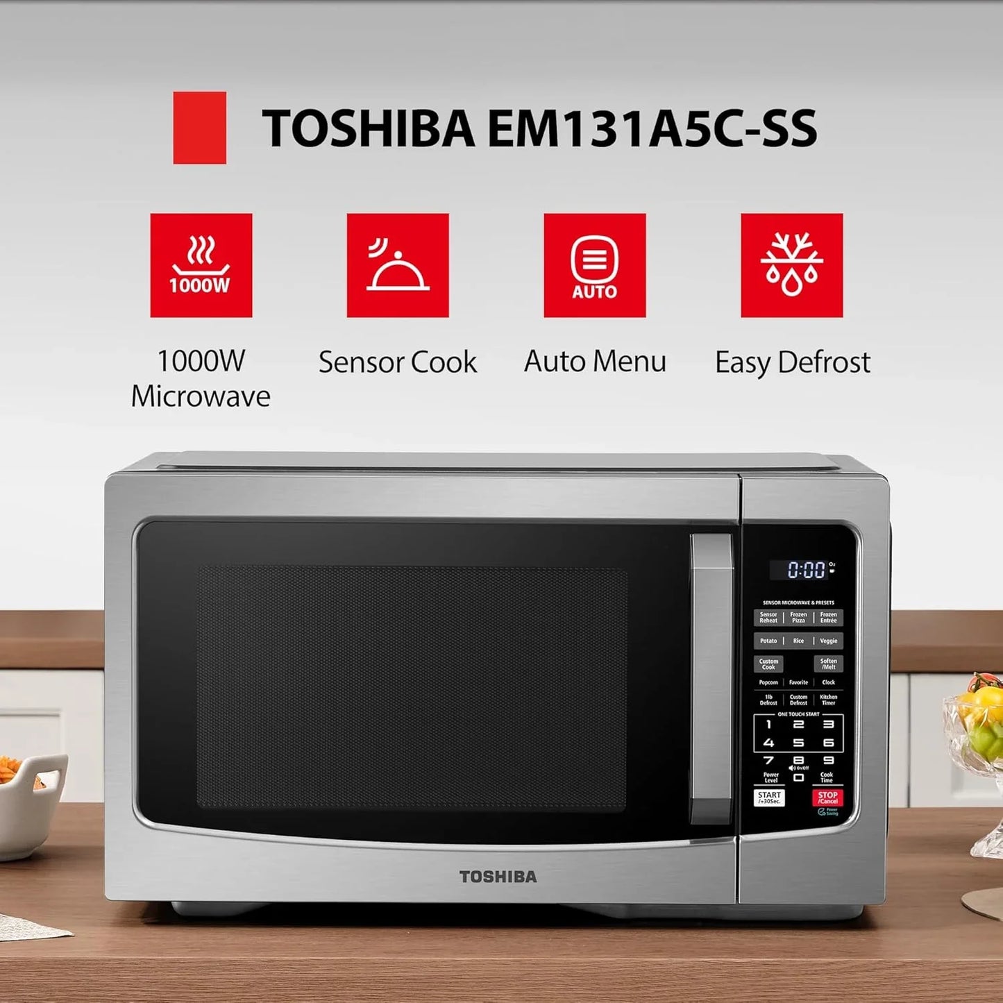 EM131A5C-SS Countertop Microwave Ovens 1.2 Cu Ft with 12.4" Removable Turntable Smart Humidity Sensor, 12 Auto Menus Mute Function ECO Mode Easy Clean Interior, 1000W, Silver